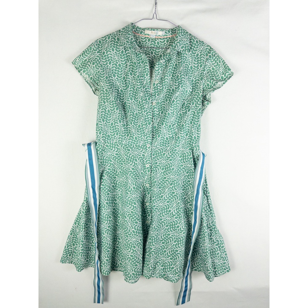 Boden Leaf Print Button Down Shirt Dress Womens UK 12P US 8P Green Floral Boho